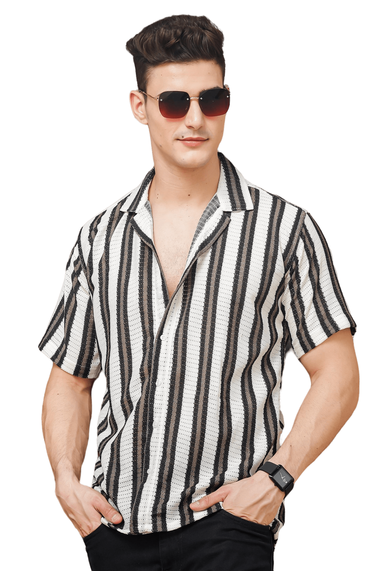IndoPrimo Men's Regular Fit Kniting Casual Striped Half Sleeves Shirt for Men