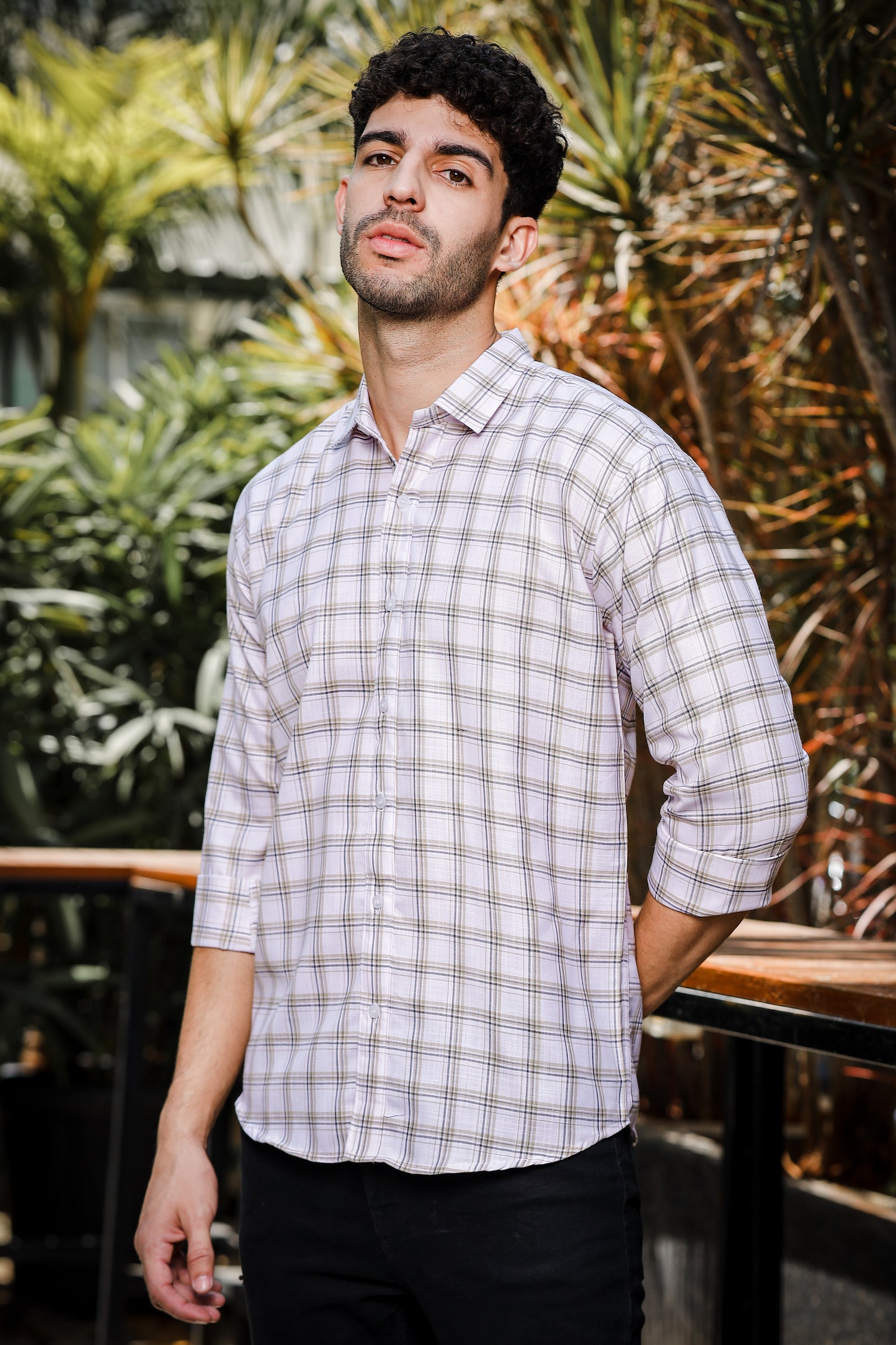IndoPrimo Men's Regular Fit Cotton Small Checks Casual White Shirt