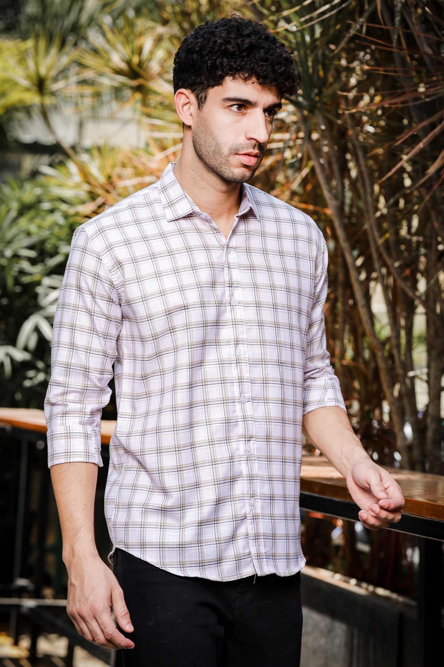 IndoPrimo Men's Regular Fit Cotton Small Checks Casual White Shirt