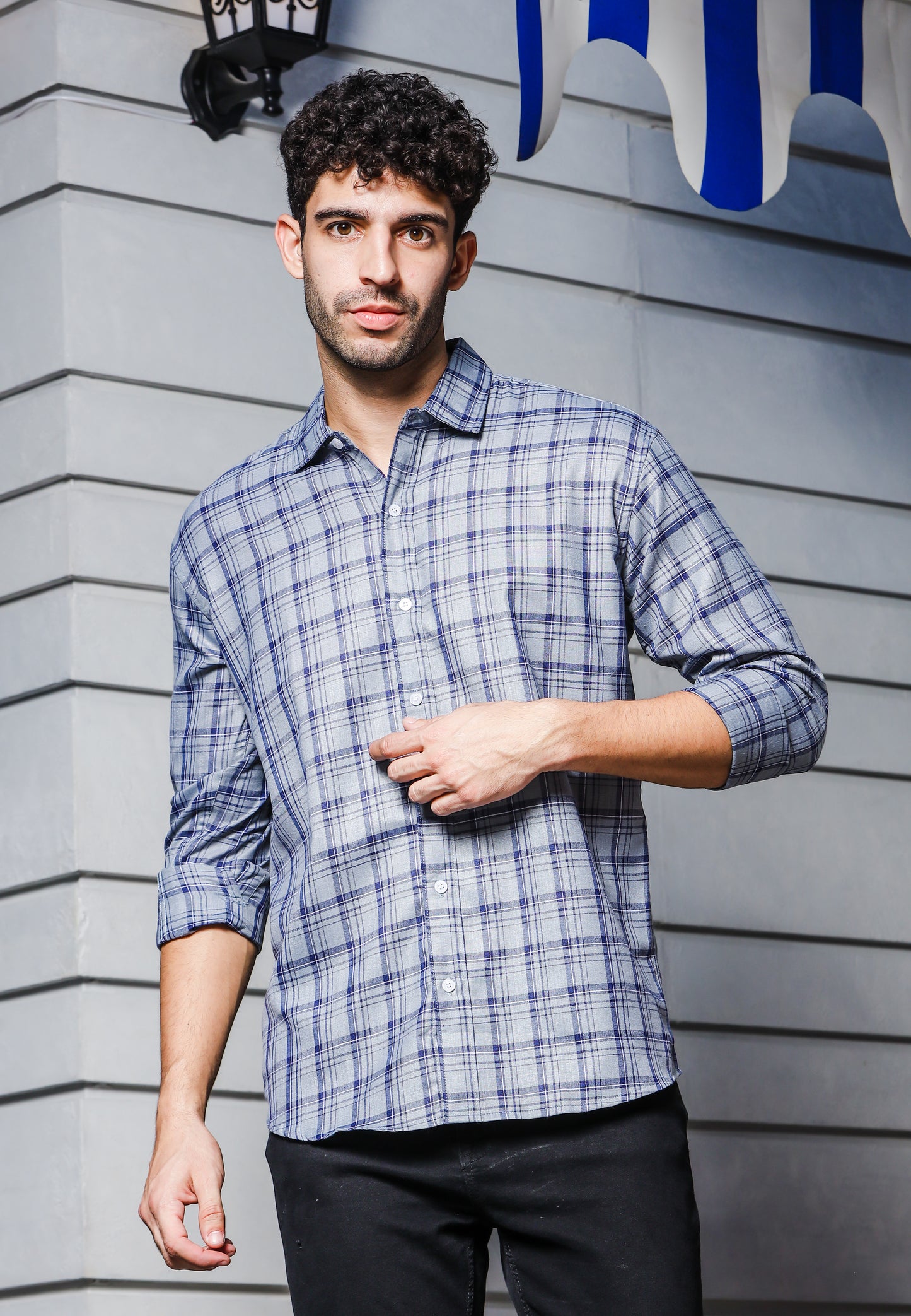 IndoPrimo Men's Regular Fit Cotton Small Checks Casual Grey Shirt