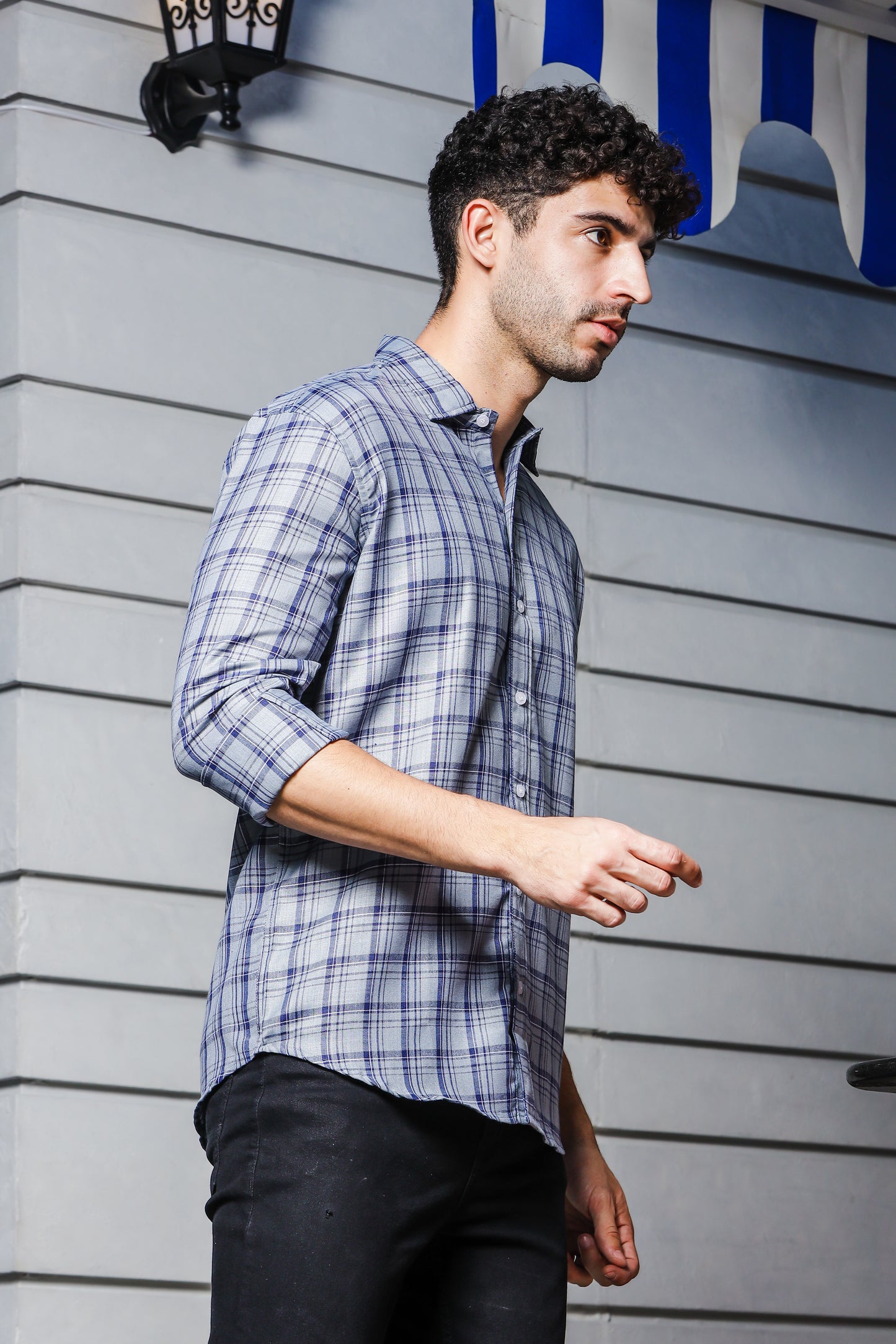 IndoPrimo Men's Regular Fit Cotton Small Checks Casual Grey Shirt