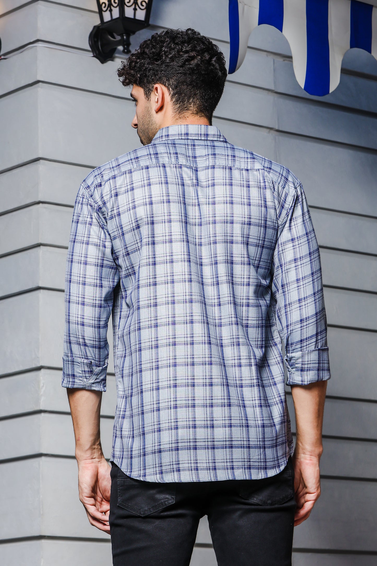 IndoPrimo Men's Regular Fit Cotton Small Checks Casual Grey Shirt