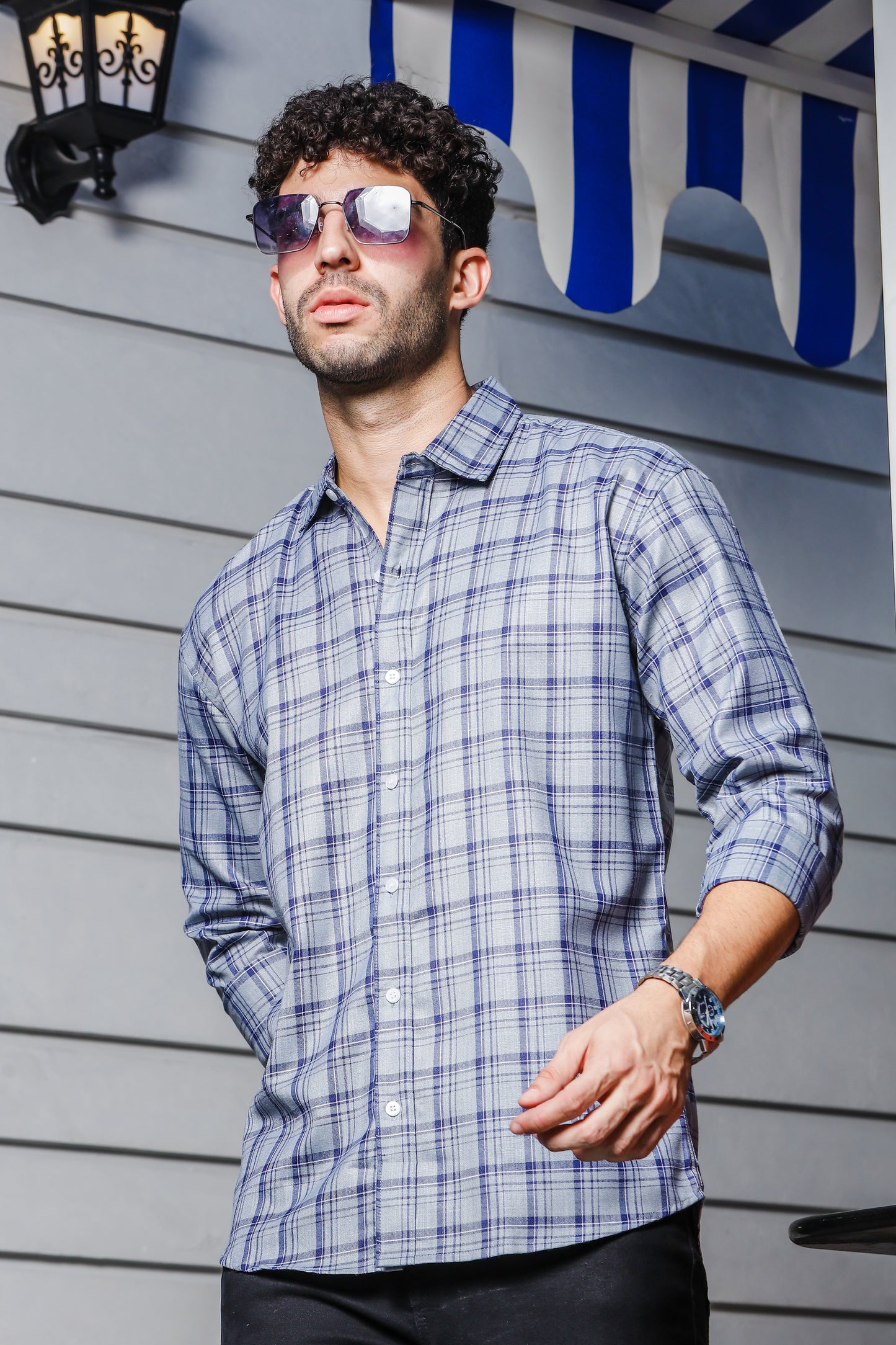 IndoPrimo Men's Regular Fit Cotton Small Checks Casual Grey Shirt