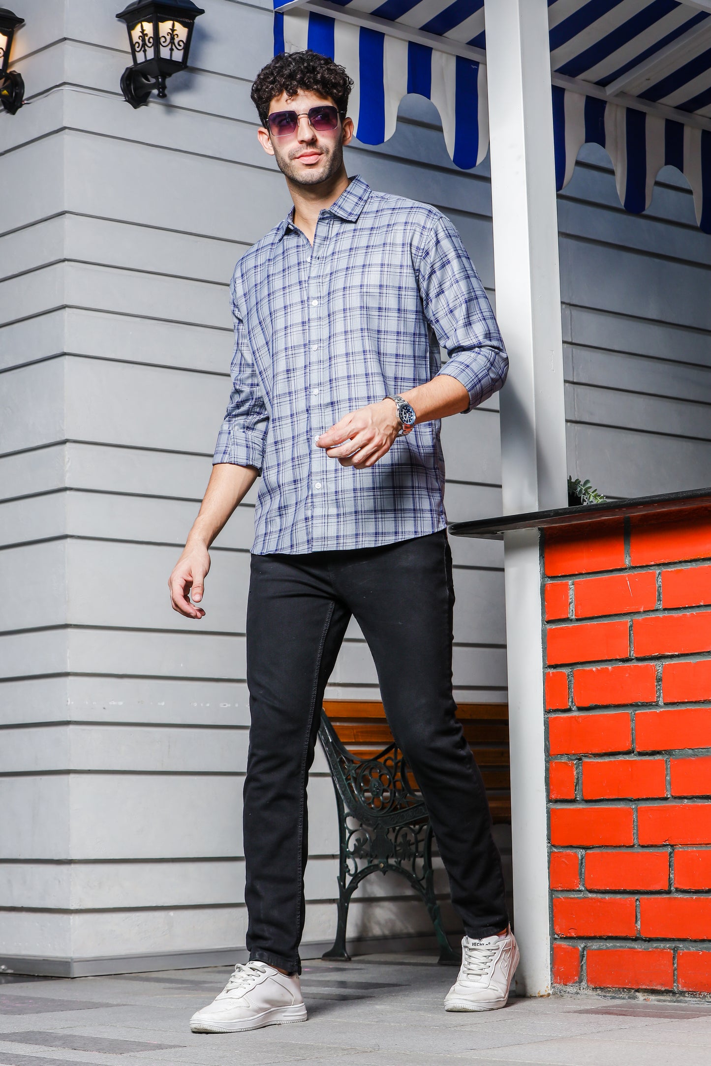 IndoPrimo Men's Regular Fit Cotton Small Checks Casual Grey Shirt