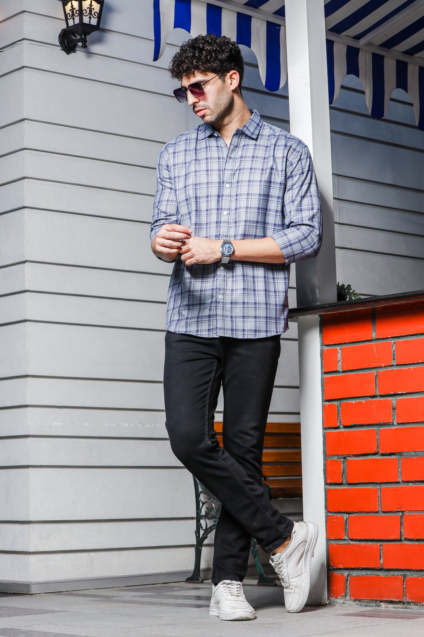 IndoPrimo Men's Regular Fit Cotton Small Checks Casual Grey Shirt