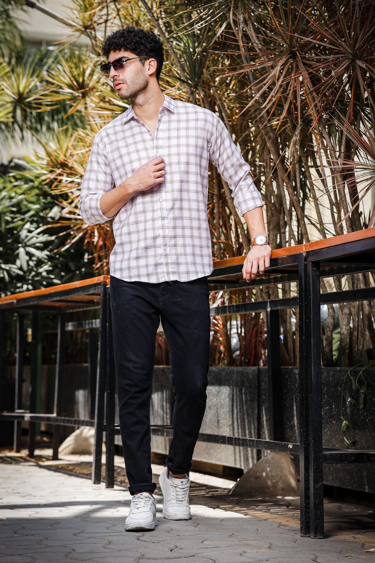 IndoPrimo Men's Regular Fit Cotton Small Checks Casual White Shirt