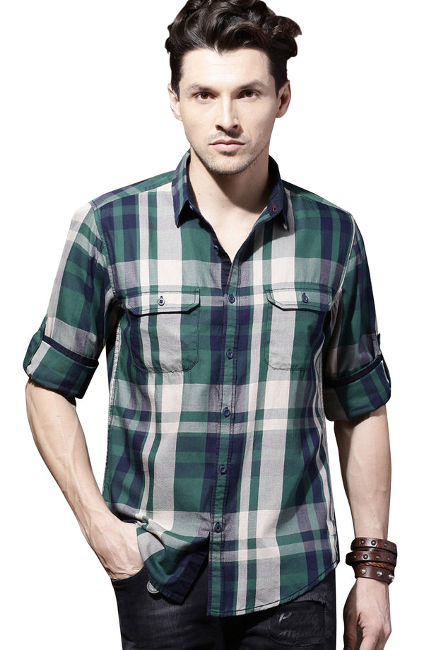 IndoPrimo Men's Cotton Casual Double Pocket Checks Shirt for Men Full Sleeve