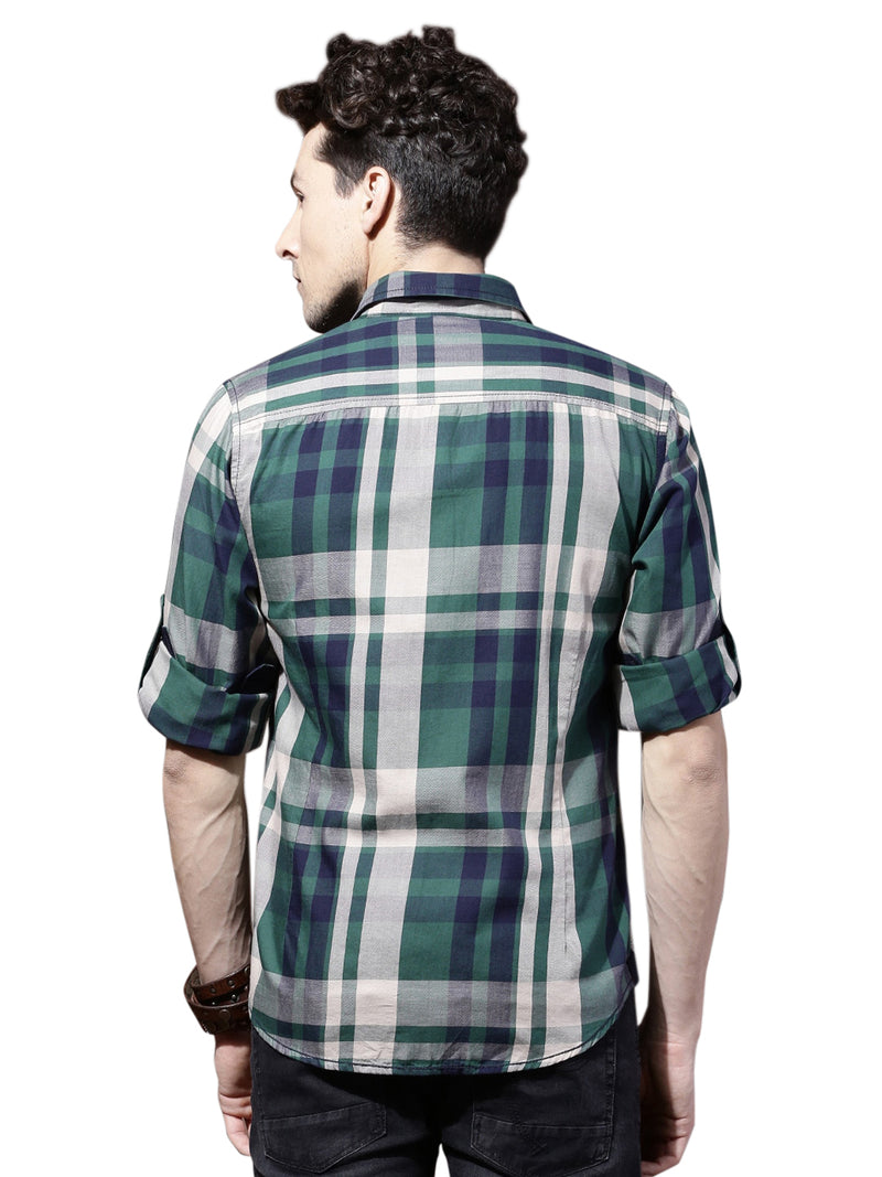 IndoPrimo Men's Cotton Casual Double Pocket Checks Shirt for Men Full Sleeve