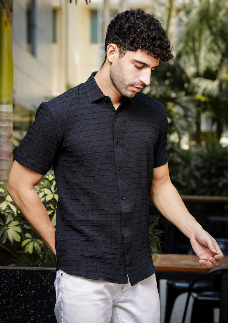 IndoPrimo Men's Regular Fit Fancy Square Kniting Casual Black Shirt for Men