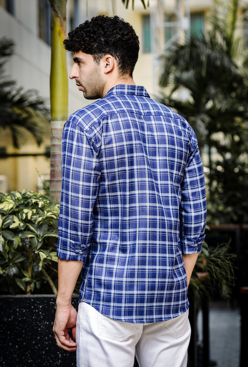 IndoPrimo Men's Regular Fit Cotton Small Checks Casual Blue Shirt