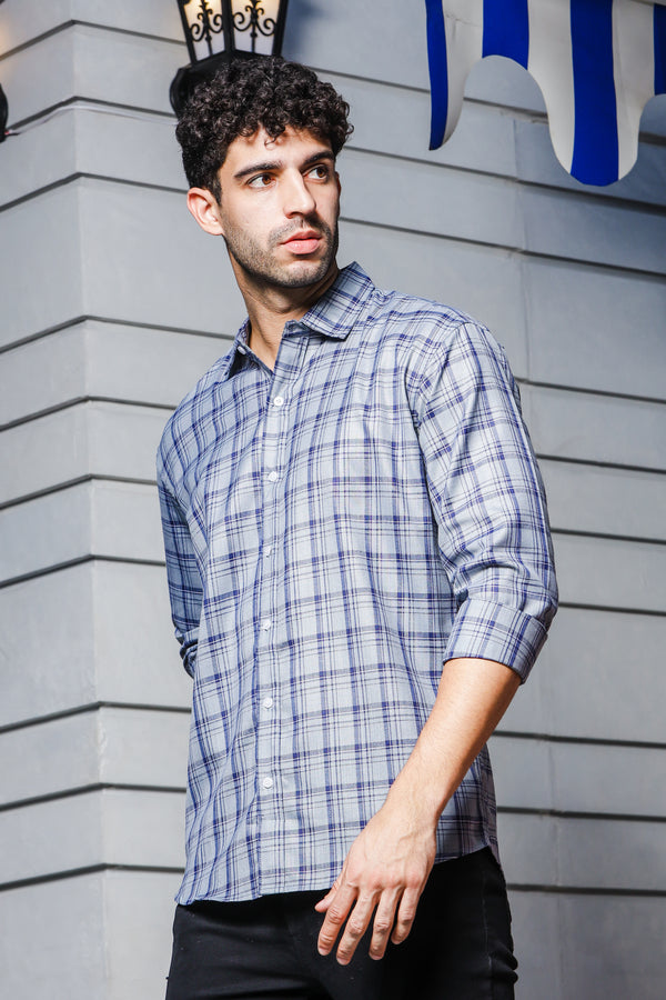 IndoPrimo Men's Regular Fit Cotton Small Checks Casual Grey Shirt