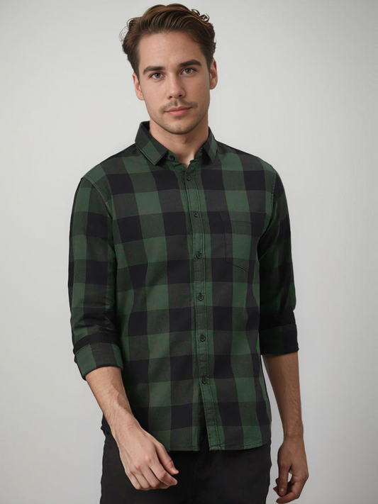 IndoPrimo Men's Cotton Casual Diverse Checks Green Shirt