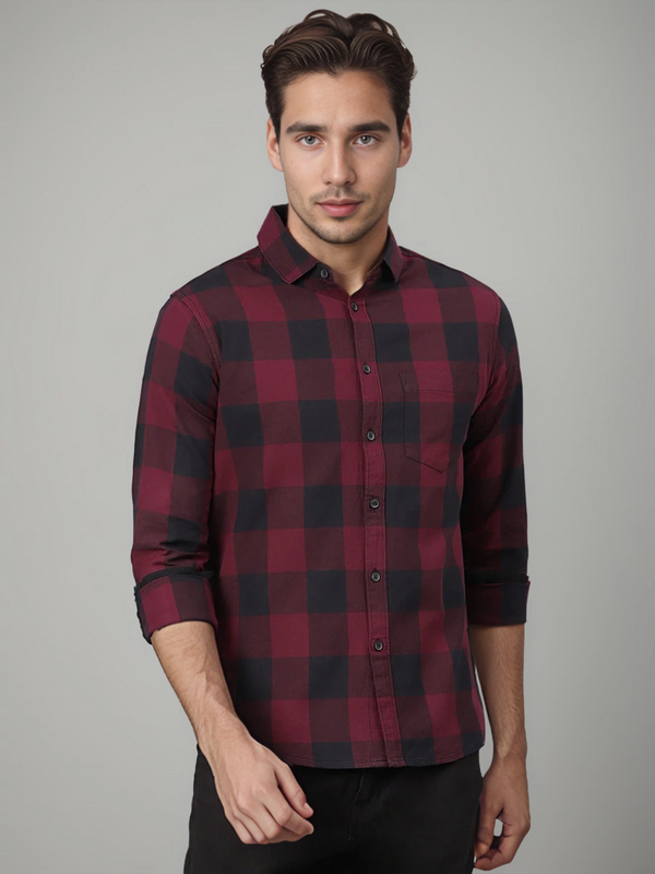 IndoPrimo Men's Cotton Casual Diverse Checks Red Shirt