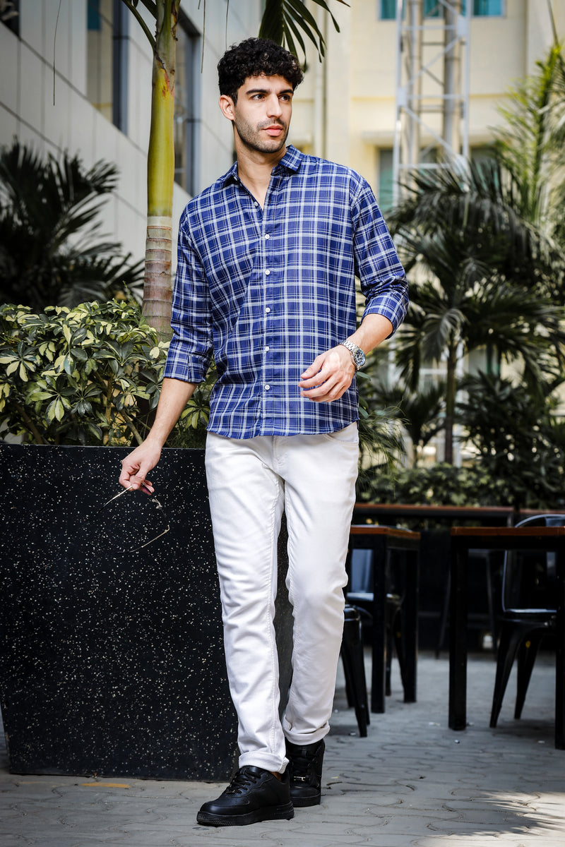 IndoPrimo Men's Regular Fit Cotton Small Checks Casual Blue Shirt