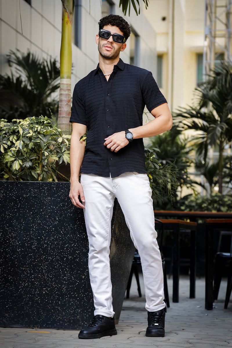 IndoPrimo Men's Regular Fit Fancy Square Kniting Casual Black Shirt for Men