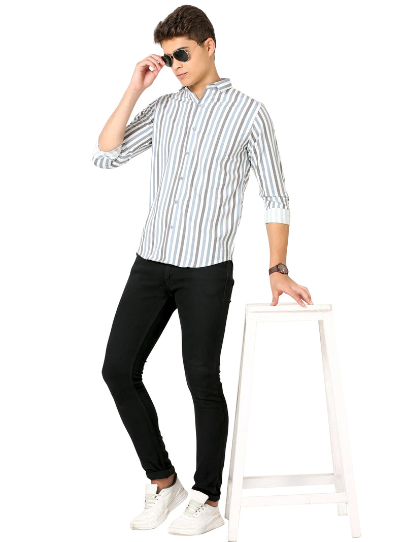 IndoPrimo Men's Classic Fit Cotton Casual Striped Shirt for Men Full Sleeves