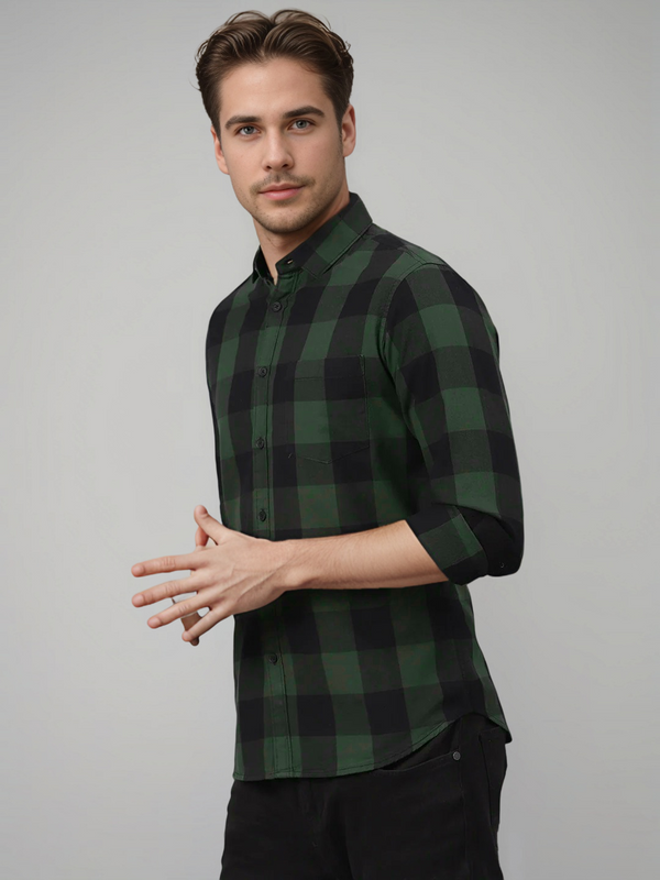 IndoPrimo Men's Cotton Casual Diverse Checks Green Shirt