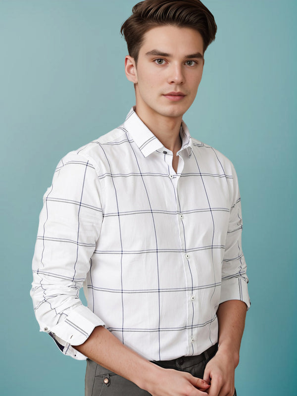 IndoPrimo Men's Poly Cotton Casual Pacific White Checks Shirt with for Men Full Sleeves - Avenger
