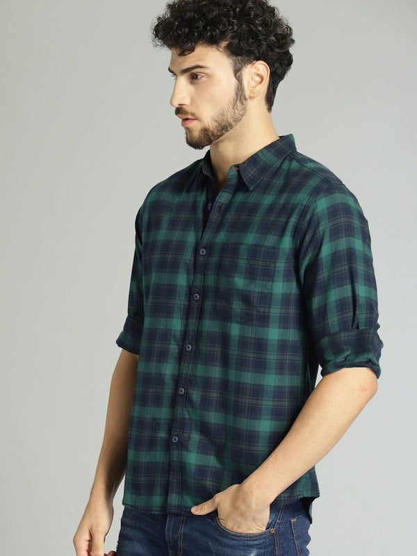 IndoPrimo Men's Cotton Casual Regular Fit Green Checks Shir