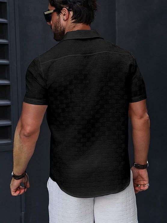 IndoPrimo Men's Regular Fit Fancy Kniting Black Casual Shirt for Men