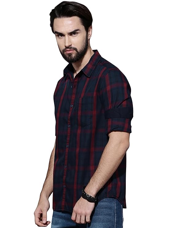 IndoPrimo Men's Regular Fit Checks Cotton Casual Shirt for Men Full Sleeves - Suzuki