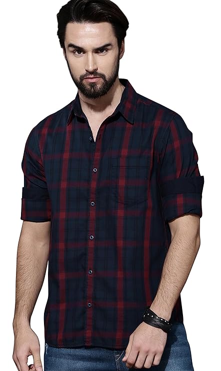 IndoPrimo Men's Regular Fit Checks Cotton Casual Shirt for Men Full Sleeves - Suzuki