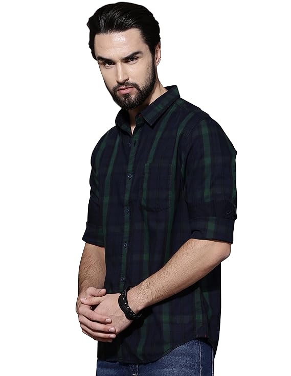 IndoPrimo Men's Regular Fit Checks Cotton Casual Shirt for Men Full Sleeves - Suzuki