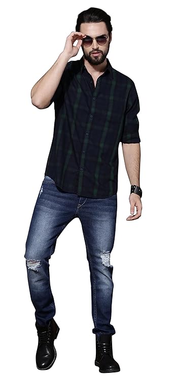 IndoPrimo Men's Regular Fit Checks Cotton Casual Shirt for Men Full Sleeves - Suzuki