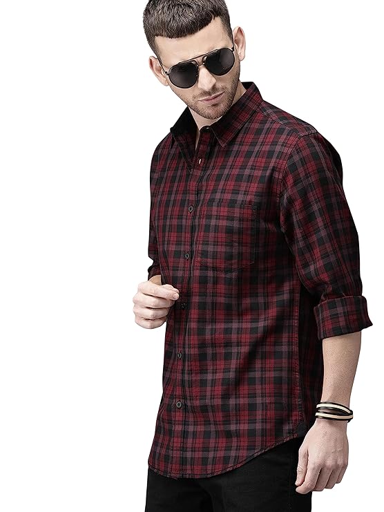 IndoPrimo Men's Regular Fit Checks Cotton Casual Shirt for Men Full Sleeves - Jeep
