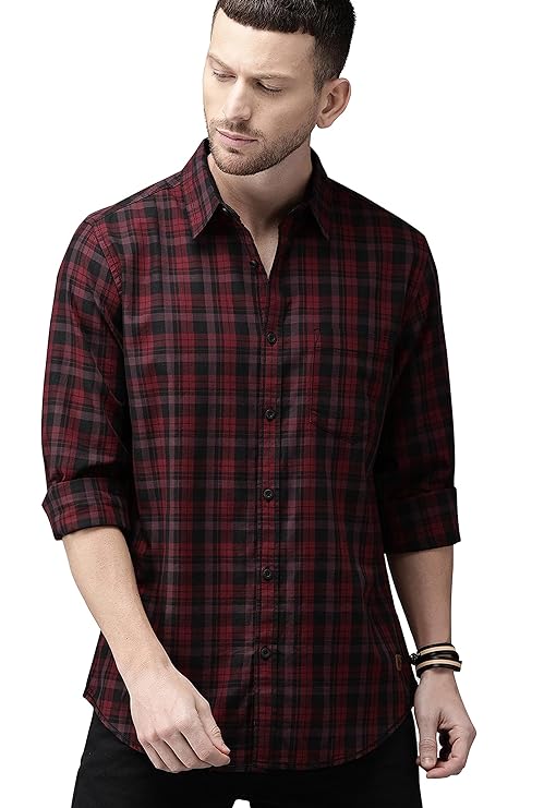 IndoPrimo Men's Regular Fit Checks Cotton Casual Shirt for Men Full Sleeves - Jeep