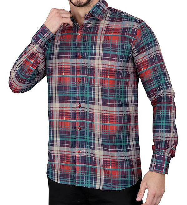 IndoPrimo Men's Cotton Casual Regular Fit Small Checks Shirt with Pocket for Men Long Sleeves - BMW