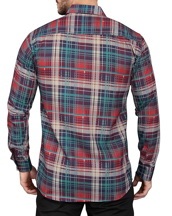 IndoPrimo Men's Cotton Casual Regular Fit Small Checks Shirt with Pocket for Men Long Sleeves - BMW