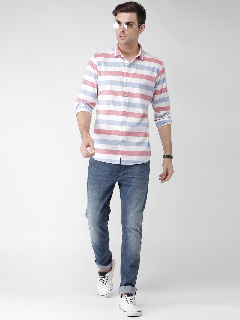 IndoPrimo Men's Ultra Fit Cotton Casual Striped White Shirt for Men Full Sleeves