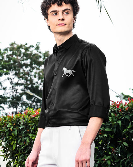 Iridium Black Sequence Club Wear Satin Party Shirt