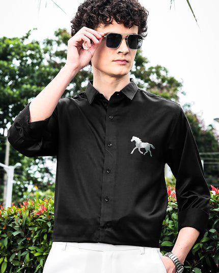 Iridium Black Sequence Club Wear Satin Party Shirt