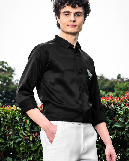 Iridium Black Sequence Club Wear Satin Party Shirt