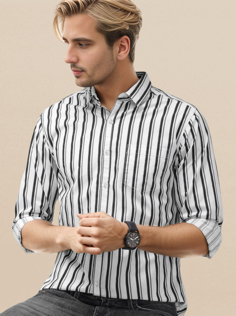 IndoPrimo Men's Classic Fit Cotton Casual Striped Shirt for Men Full Sleeves