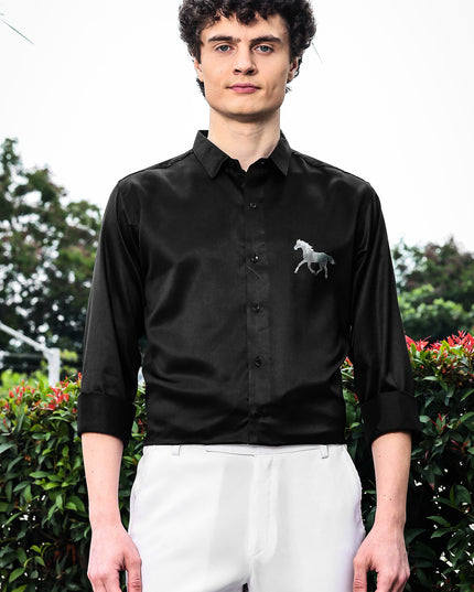 Iridium Black Sequence Club Wear Satin Party Shirt