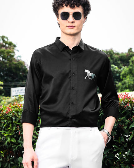 Iridium Black Sequence Club Wear Satin Party Shirt