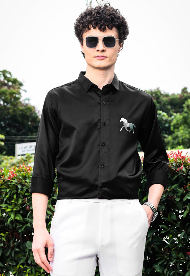 Iridium Black Sequence Club Wear Satin Party Shirt