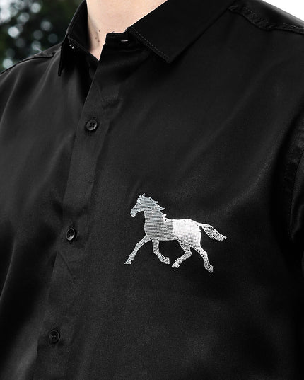 Iridium Black Sequence Club Wear Satin Party Shirt
