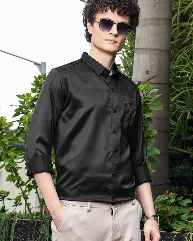 Cinder Black Sequence Club Wear Satin Party Shirt