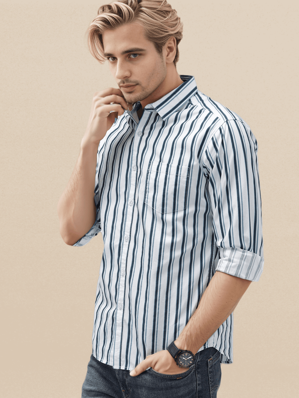 IndoPrimo Men's Classic Fit Cotton Casual Striped Shirt for Men Full Sleeves