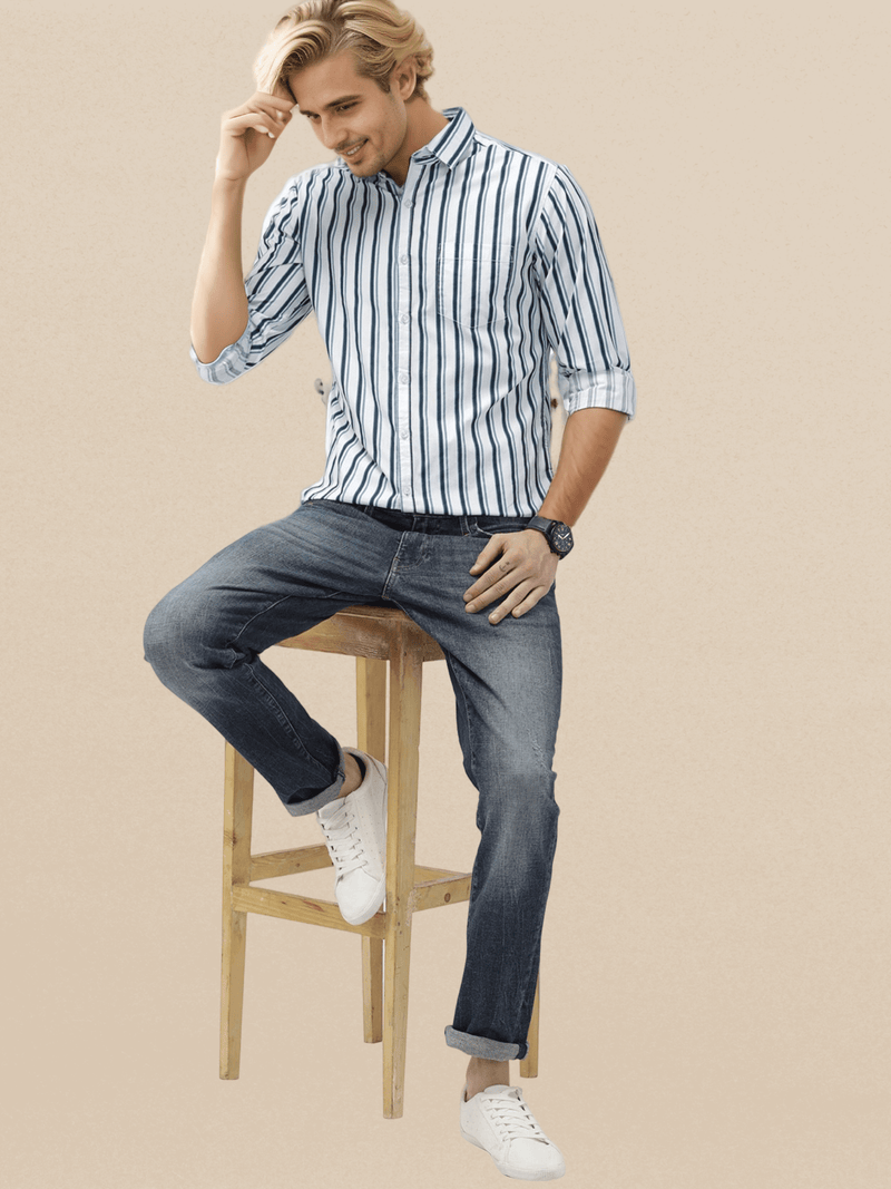 IndoPrimo Men's Classic Fit Cotton Casual Striped Shirt for Men Full Sleeves