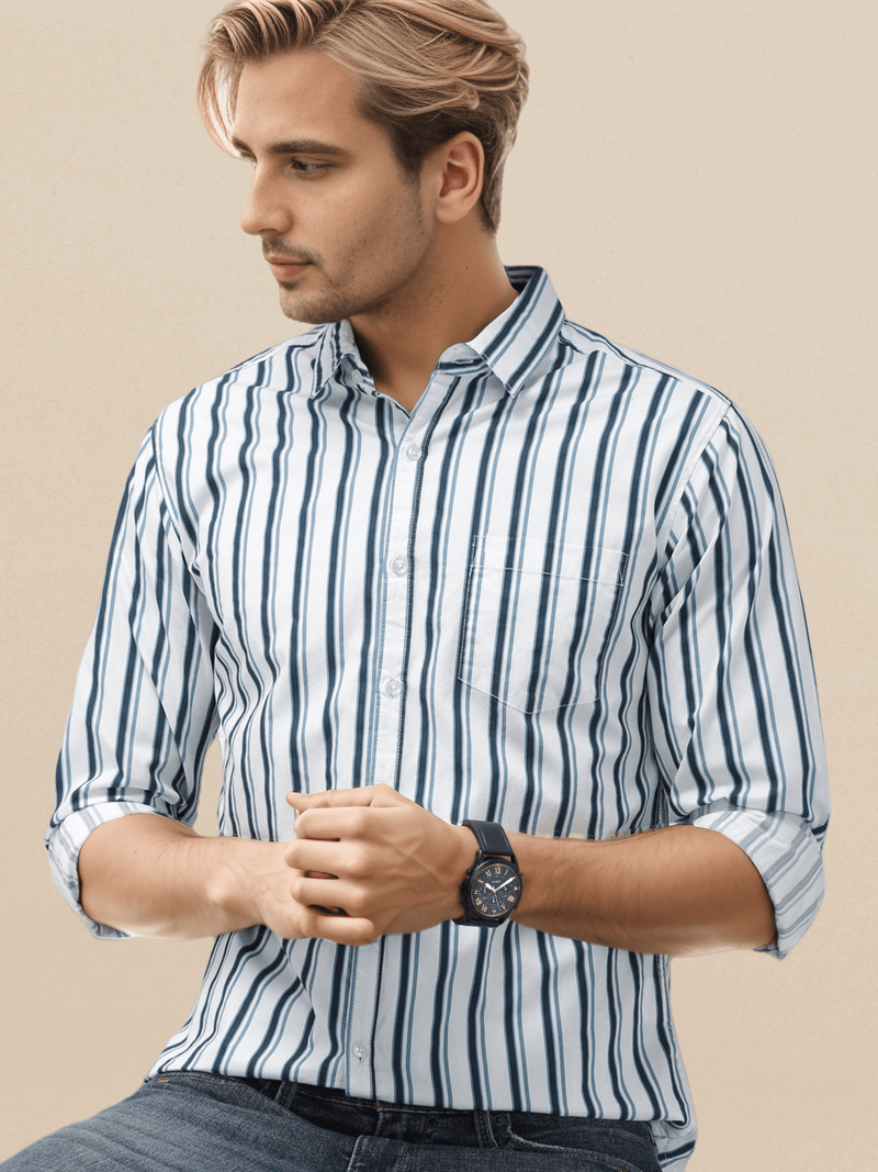 IndoPrimo Men's Classic Fit Cotton Casual Striped Shirt for Men Full Sleeves