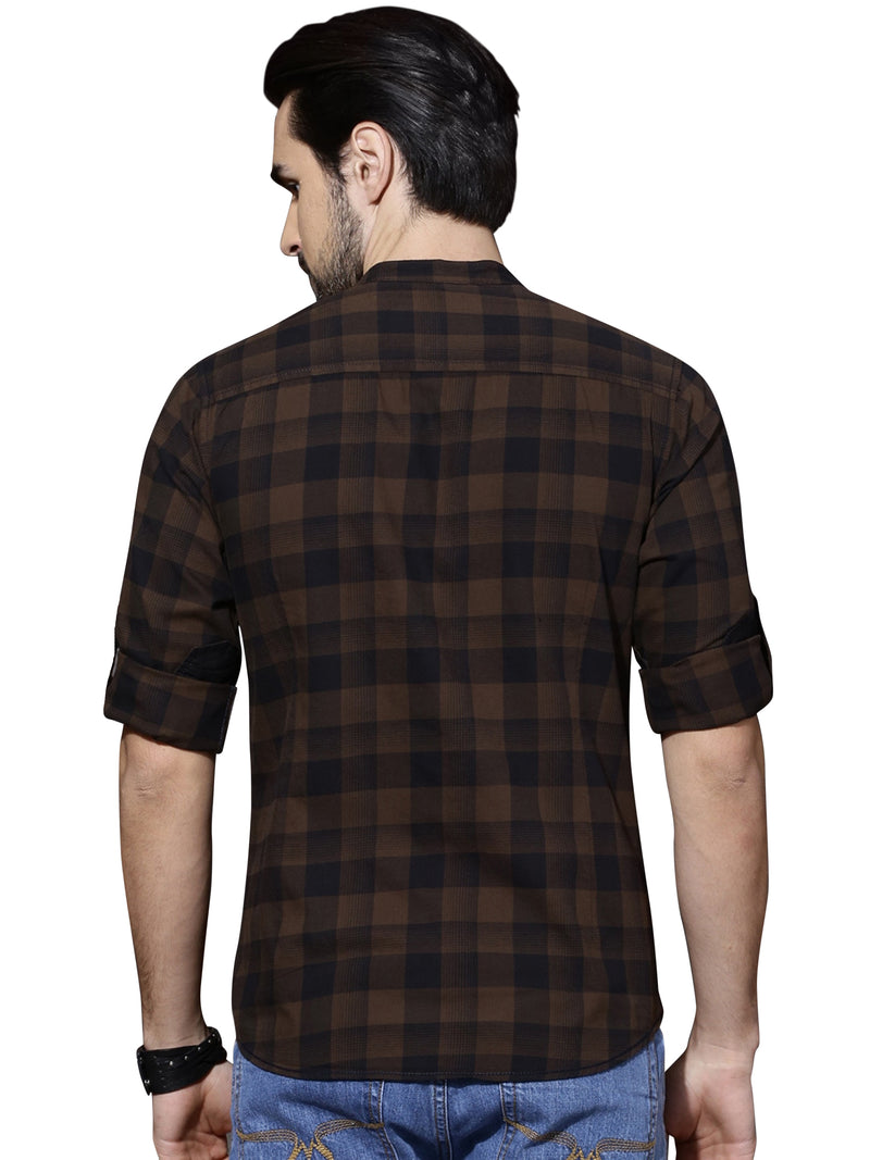 IndoPrimo Men's Cotton Casual Brown Checkered Shirt for Men