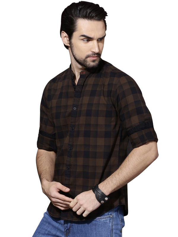 IndoPrimo Men's Cotton Casual Brown Checkered Shirt for Men