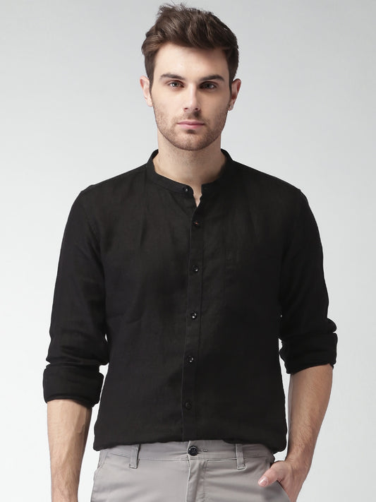 IndoPrimo Men's Royal Linen Casual Solid Black Shirt