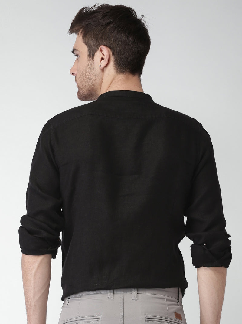 IndoPrimo Men's Royal Linen Casual Solid Black Shirt