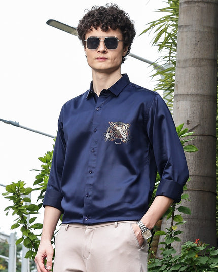 Comet Navy Sequence Club Wear Satin Party Shirt